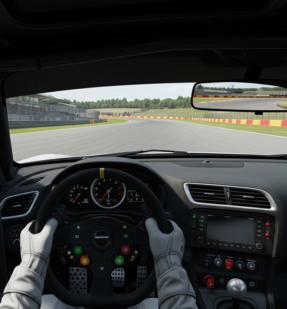 A race car's cockpit view in Assetto Corsa, demonstrating the driver looking towards the apex.