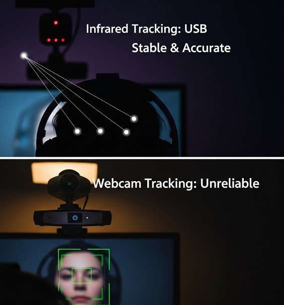 A gaming headset with an infrared head tracker versus a standard webcam.