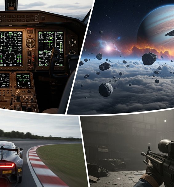 A collage of gameplay from Microsoft Flight Simulator, DCS World, and Star Citizen.