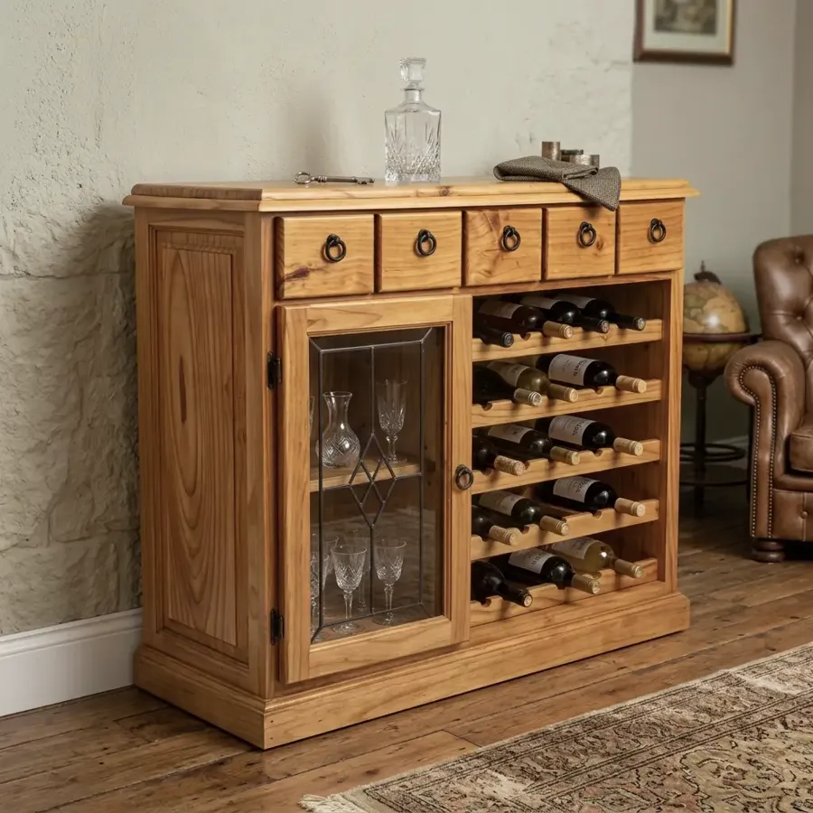 Refinished solid wood wine cabinet with leaded glass door