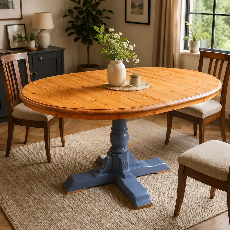 Refinished oval dining table with a painted blue pedestal base